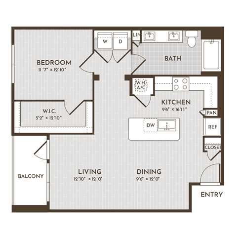 Floor plan for 1 bed, 1 bath, 862 sqft